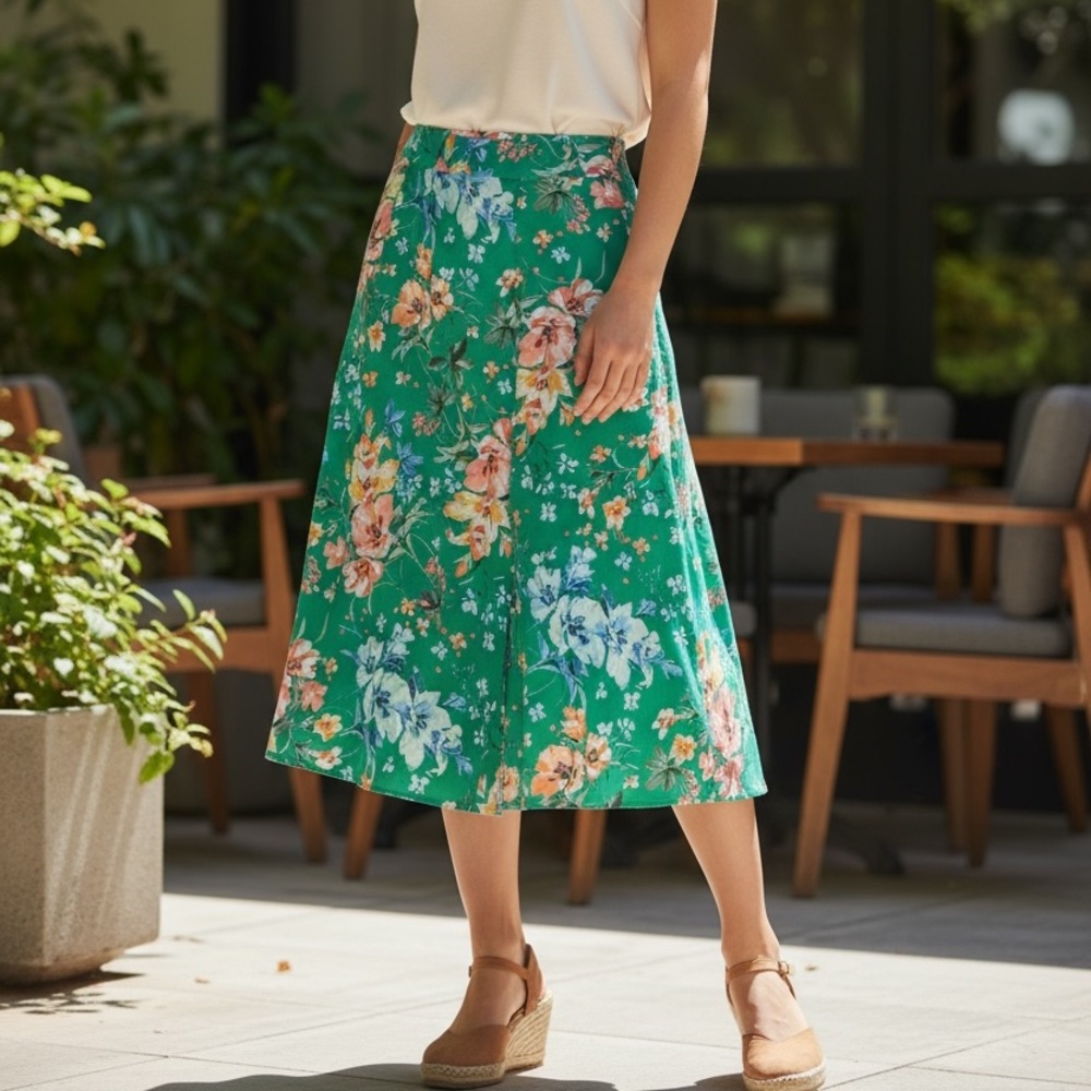 LOFT Vibrant Green Floral Midi Skirt Size 4